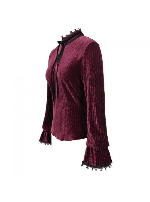 Pleated Velvet High Collar Small Lantern Sleeve Lace Cuff Wine Red Gothic Blouse