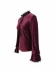 Pleated Velvet High Collar Small Lantern Sleeve Lace Cuff Wine Red Gothic Blouse