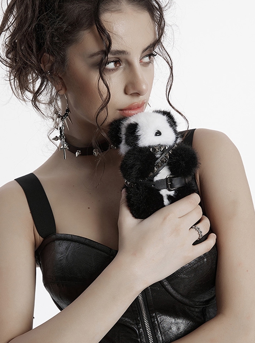 Cool Metal Rivet Leather Buckle Decoration Punk Style Cute Panda Doll Pendant