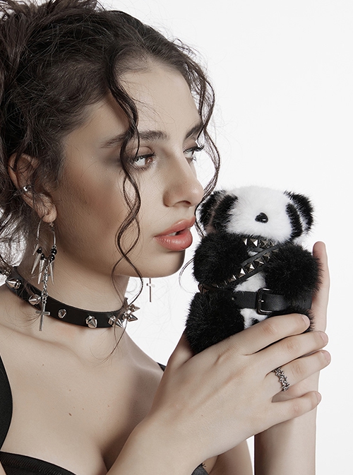 Cool Metal Rivet Leather Buckle Decoration Punk Style Cute Panda Doll Pendant