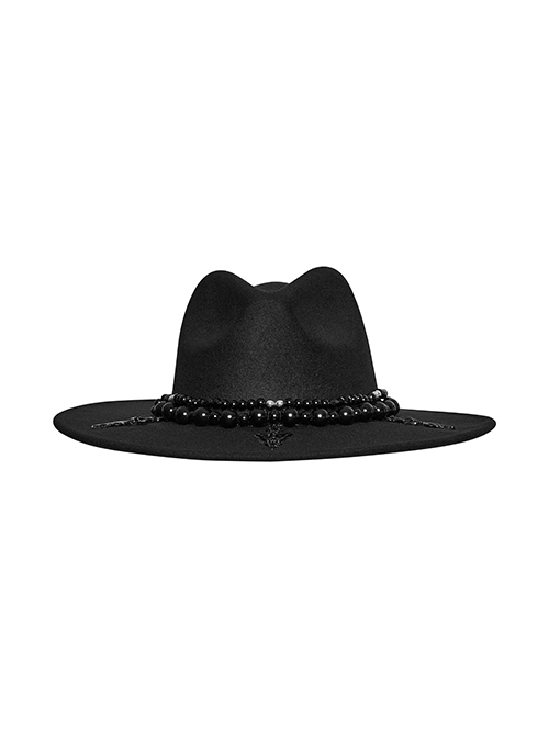 Elegant Black Imitation Woolen Cloth Exquisite Beaded Decoration Personalized Metal Cross Retro Gothic Style Hat