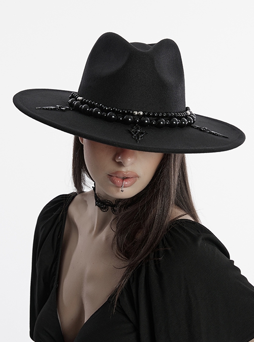 Elegant Black Imitation Woolen Cloth Exquisite Beaded Decoration Personalized Metal Cross Retro Gothic Style Hat