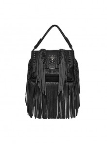 Cool Black Textured PU Leather Metal Rivet Skull Decoration Unique Tassel Design Punk Style Bag