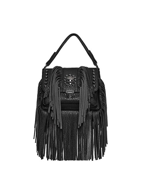 Cool Black Textured PU Leather Metal Rivet Skull Decoration Unique Tassel Design Punk Style Bag