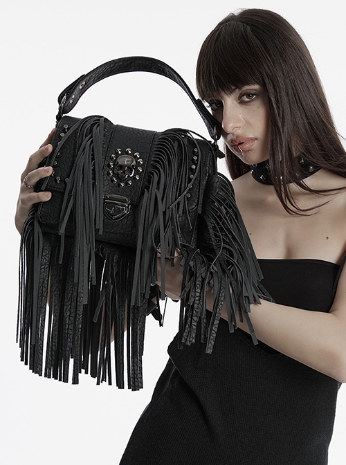 Cool Black Textured PU Leather Metal Rivet Skull Decoration Unique Tassel Design Punk Style Bag