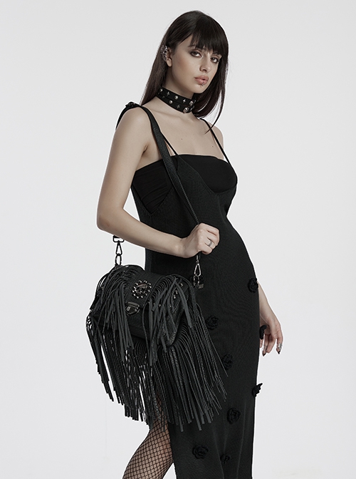 Cool Black Textured PU Leather Metal Rivet Skull Decoration Unique Tassel Design Punk Style Bag