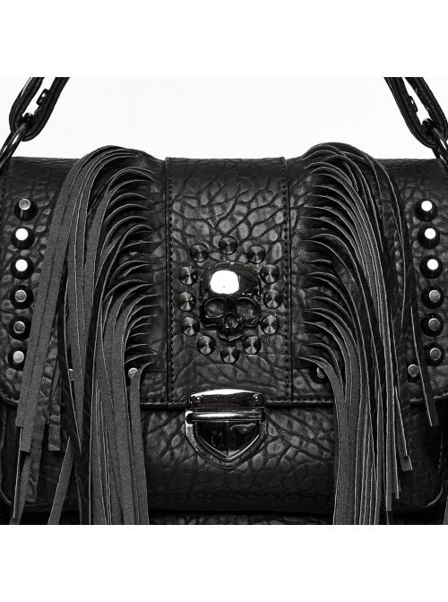 Cool Black Textured PU Leather Metal Rivet Skull Decoration Unique Tassel Design Punk Style Bag
