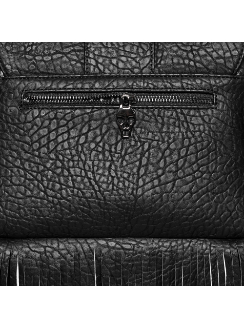 Cool Black Textured PU Leather Metal Rivet Skull Decoration Unique Tassel Design Punk Style Bag