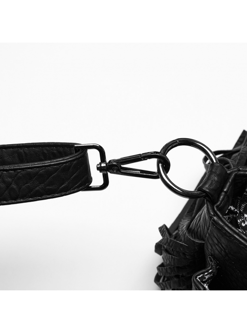 Cool Black Textured PU Leather Metal Rivet Skull Decoration Unique Tassel Design Punk Style Bag