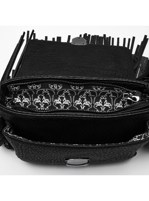 Cool Black Textured PU Leather Metal Rivet Skull Decoration Unique Tassel Design Punk Style Bag