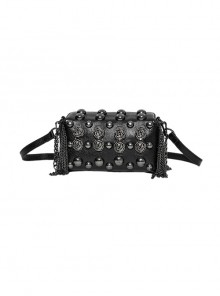 Dark Unique Black Metal Three Dimensional Rose Decoration Chain Rivet Embellish Gothic Style Crossbody Bag