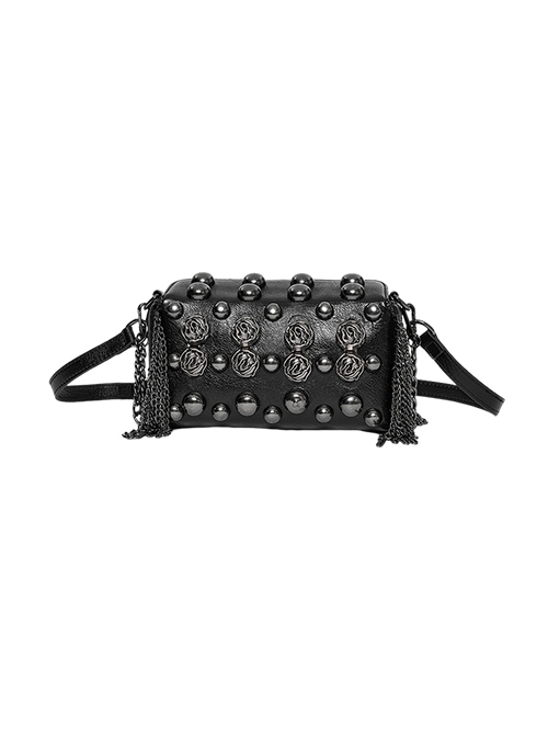 Dark Unique Black Metal Three Dimensional Rose Decoration Chain Rivet Embellish Gothic Style Crossbody Bag
