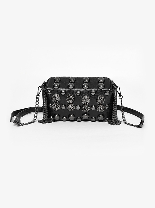 Dark Unique Black Metal Three Dimensional Rose Decoration Chain Rivet Embellish Gothic Style Crossbody Bag