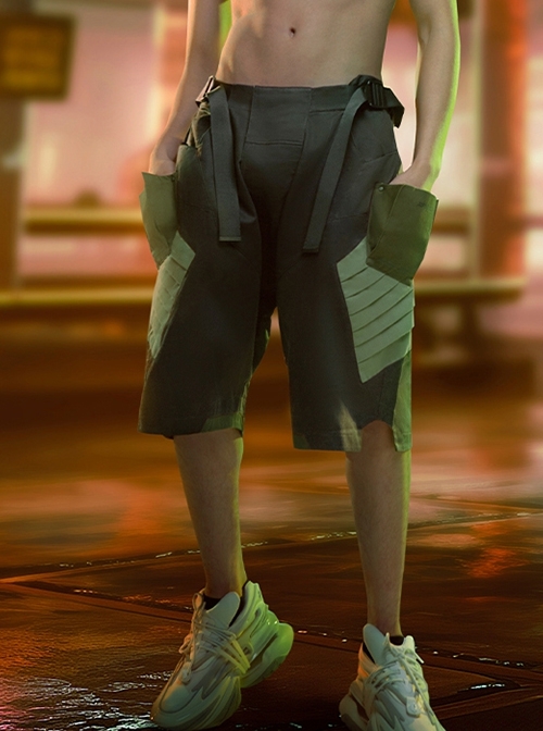 Summer Loose Drop Crotch Multi-Pocket Back Waist Mecha Piece Design Irregular Trouser Legs Cyberpunk Six-Point Pants