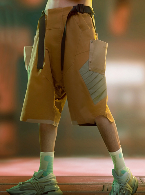 Summer Loose Drop Crotch Multi-Pocket Back Waist Mecha Piece Design Irregular Trouser Legs Cyberpunk Six-Point Pants