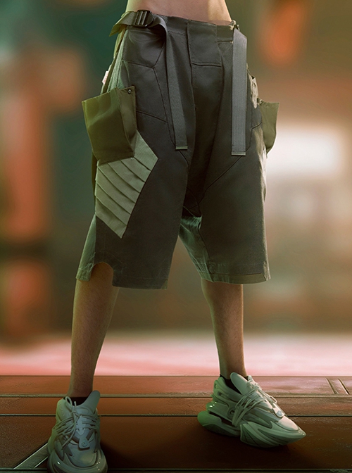 Summer Loose Drop Crotch Multi-Pocket Back Waist Mecha Piece Design Irregular Trouser Legs Cyberpunk Six-Point Pants