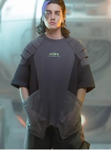 Summer Street Loose Multi-Layer Shoulder Armor Design Mesh Pockets Color Matching Cyberpunk Short Sleeves T-Shirt