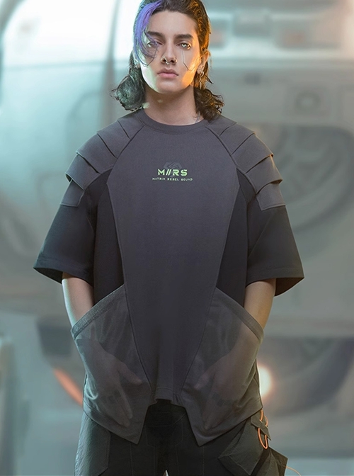 Summer Street Loose Multi-Layer Shoulder Armor Design Mesh Pockets Color Matching Cyberpunk Short Sleeves T-Shirt
