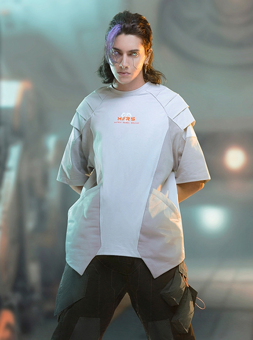 Summer Street Loose Multi-Layer Shoulder Armor Design Mesh Pockets Color Matching Cyberpunk Short Sleeves T-Shirt