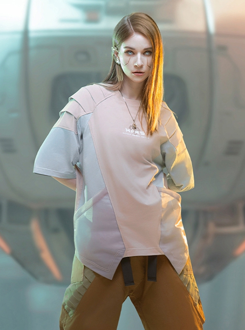 Summer Street Loose Multi-Layer Shoulder Armor Design Mesh Pockets Color Matching Cyberpunk Short Sleeves T-Shirt