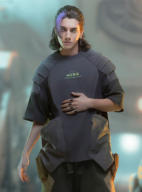 Summer Street Loose Multi-Layer Shoulder Armor Design Mesh Pockets Color Matching Cyberpunk Short Sleeves T-Shirt