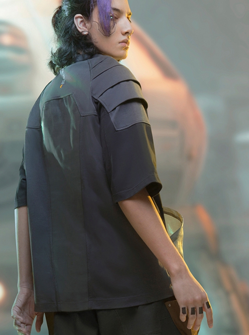 Summer Street Loose Multi-Layer Shoulder Armor Design Mesh Pockets Color Matching Cyberpunk Short Sleeves T-Shirt