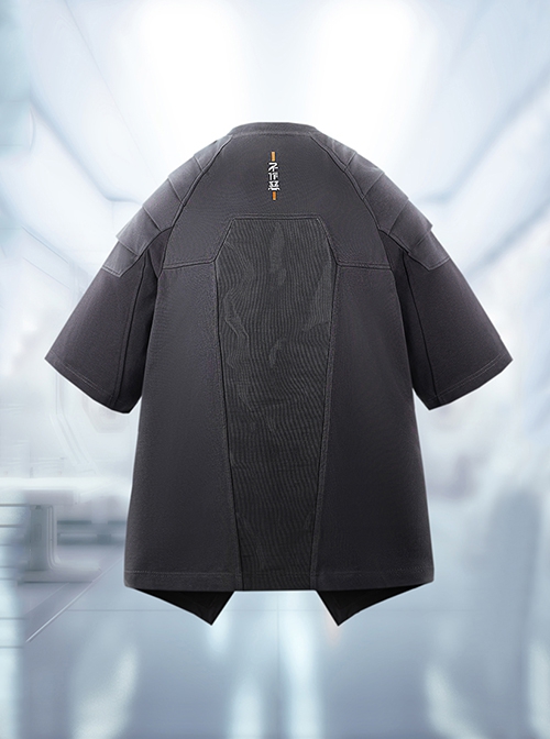 Summer Street Loose Multi-Layer Shoulder Armor Design Mesh Pockets Color Matching Cyberpunk Short Sleeves T-Shirt