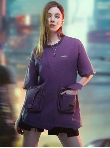 Summer Neon Purple Street Loose Double-Layer Three-Dimensional Pockets Asymmetric Structure Cyberpunk Short Sleeves T-Shirt