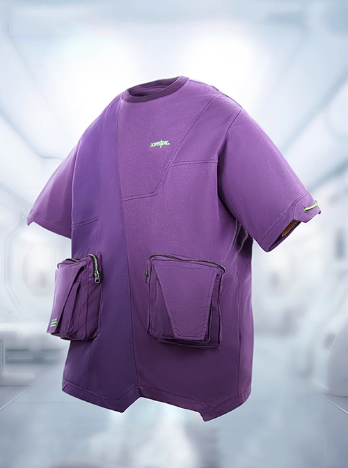 Summer Neon Purple Street Loose Double-Layer Three-Dimensional Pockets Asymmetric Structure Cyberpunk Short Sleeves T-Shirt