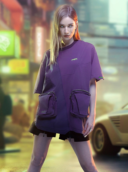 Summer Neon Purple Street Loose Double-Layer Three-Dimensional Pockets Asymmetric Structure Cyberpunk Short Sleeves T-Shirt