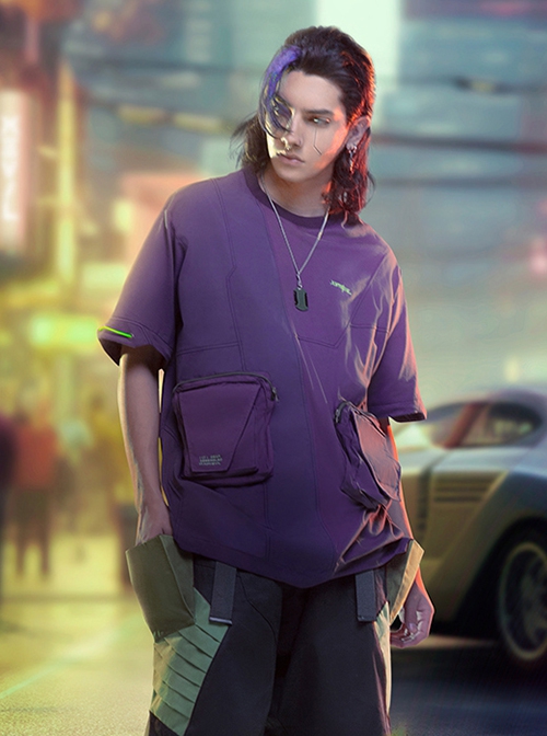 Summer Neon Purple Street Loose Double-Layer Three-Dimensional Pockets Asymmetric Structure Cyberpunk Short Sleeves T-Shirt