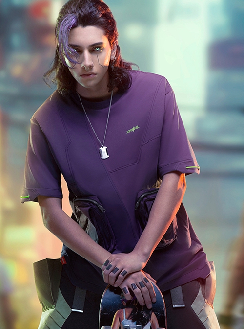 Summer Neon Purple Street Loose Double-Layer Three-Dimensional Pockets Asymmetric Structure Cyberpunk Short Sleeves T-Shirt