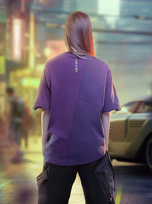 Summer Neon Purple Street Loose Double-Layer Three-Dimensional Pockets Asymmetric Structure Cyberpunk Short Sleeves T-Shirt