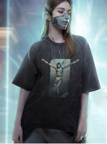 Smart Machine Rebirth J-Type Washed Gradient Discharge Printing Loose Cyberpunk Short Sleeves T-Shirt
