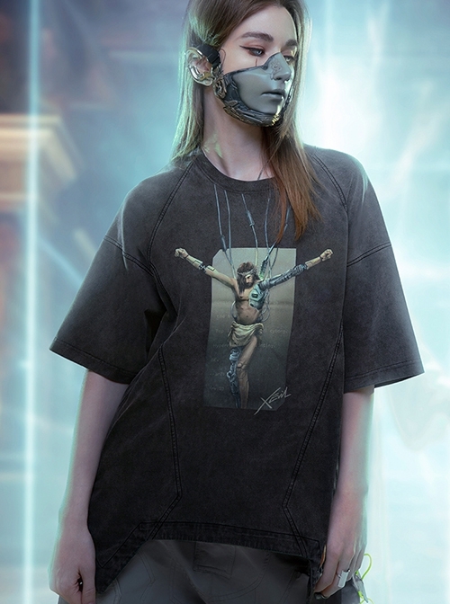 Smart Machine Rebirth J-Type Washed Gradient Discharge Printing Loose Cyberpunk Short Sleeves T-Shirt