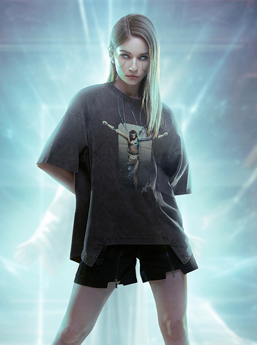 Smart Machine Rebirth J-Type Washed Gradient Discharge Printing Loose Cyberpunk Short Sleeves T-Shirt