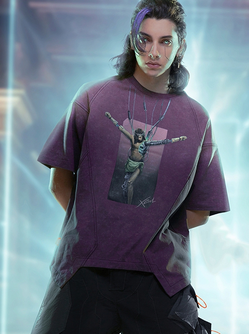 Smart Machine Rebirth J-Type Washed Gradient Discharge Printing Loose Cyberpunk Short Sleeves T-Shirt
