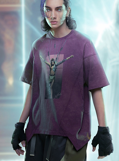 Smart Machine Rebirth J-Type Washed Gradient Discharge Printing Loose Cyberpunk Short Sleeves T-Shirt