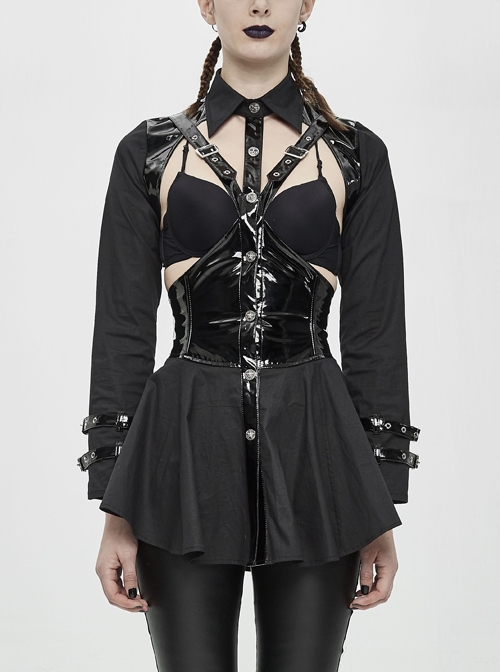 Chest Hollow-Out Glazed Leather Corset Long Sleeve Hasp Cuff Black Punk Blouse