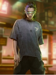 Summer Street Loose Washed Gradient Irregular Hem Cyberpunk Short Sleeves T-Shirt