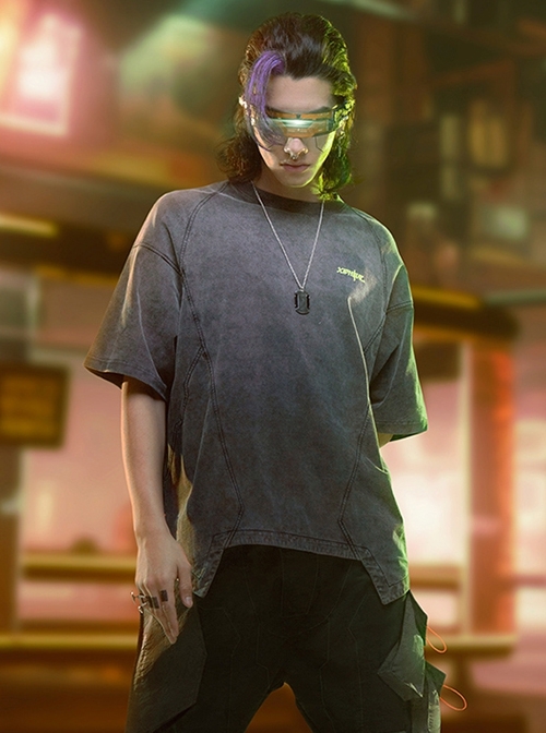 Summer Street Loose Washed Gradient Irregular Hem Cyberpunk Short Sleeves T-Shirt