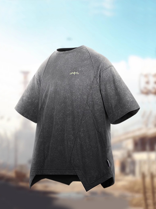 Summer Street Loose Washed Gradient Irregular Hem Cyberpunk Short Sleeves T-Shirt