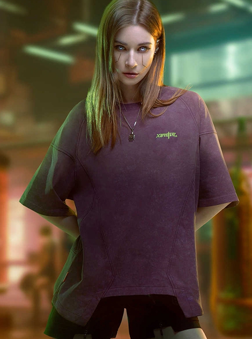 Summer Street Loose Washed Gradient Irregular Hem Cyberpunk Short Sleeves T-Shirt