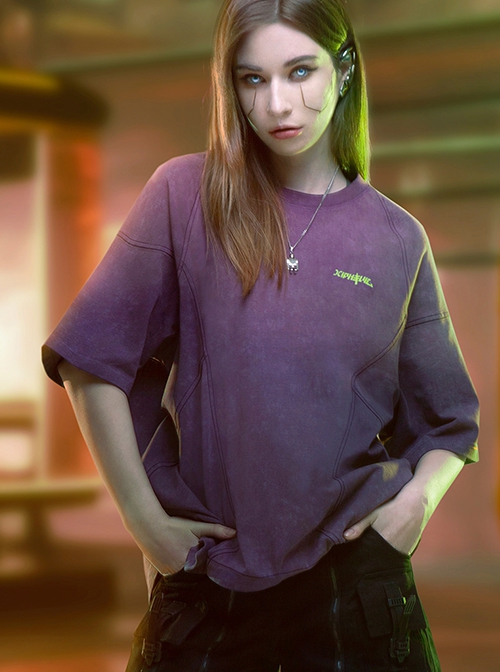 Summer Street Loose Washed Gradient Irregular Hem Cyberpunk Short Sleeves T-Shirt