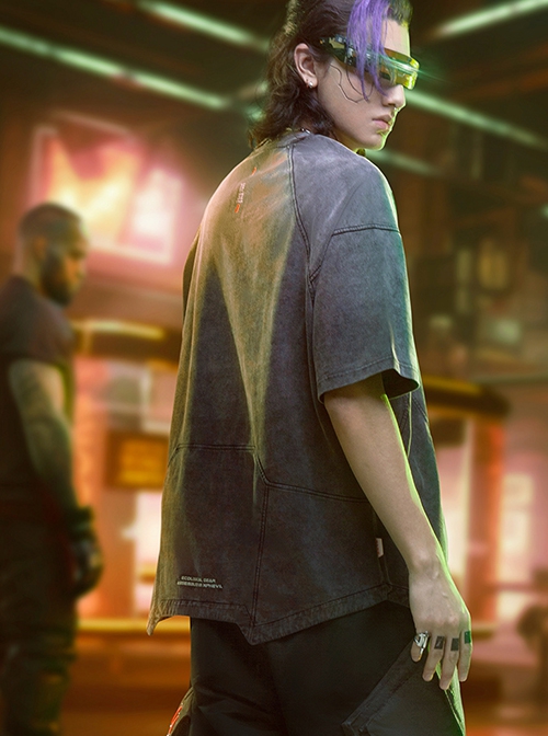 Summer Street Loose Washed Gradient Irregular Hem Cyberpunk Short Sleeves T-Shirt