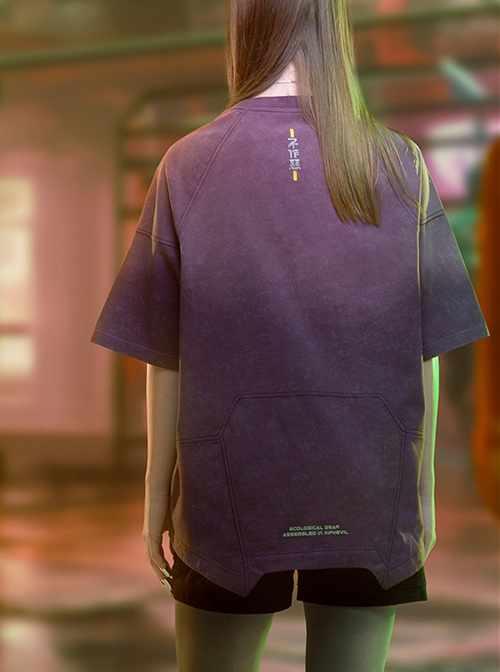 Summer Street Loose Washed Gradient Irregular Hem Cyberpunk Short Sleeves T-Shirt