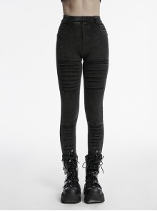 Doomsday Black Fake Hole Knitted Design Unique Distressed Stretch Steampunk Style Slim Jeans