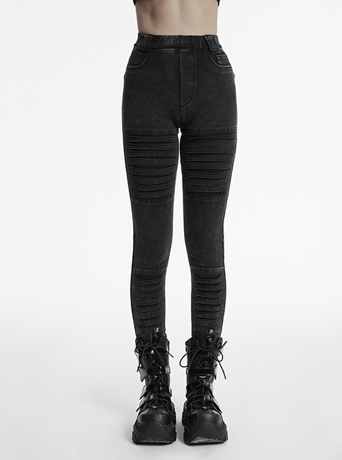Doomsday Black Fake Hole Knitted Design Unique Distressed Stretch Steampunk Style Slim Jeans