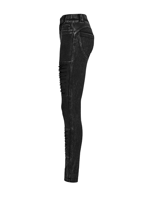 Doomsday Black Fake Hole Knitted Design Unique Distressed Stretch Steampunk Style Slim Jeans