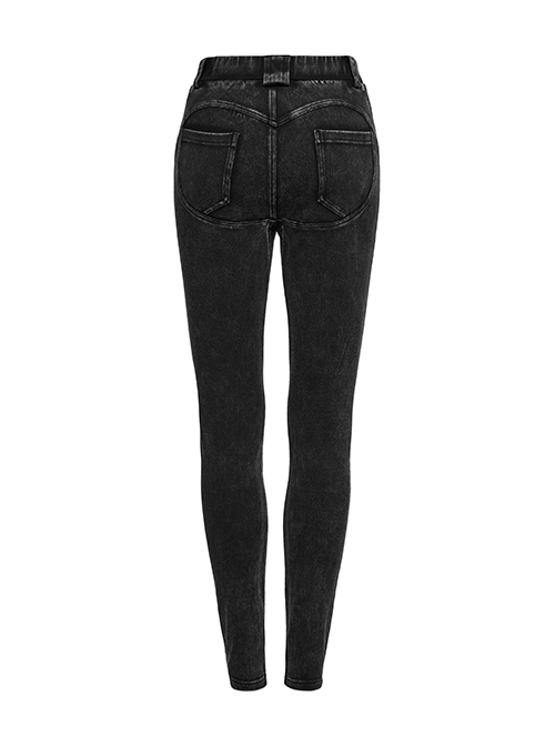 Doomsday Black Fake Hole Knitted Design Unique Distressed Stretch Steampunk Style Slim Jeans